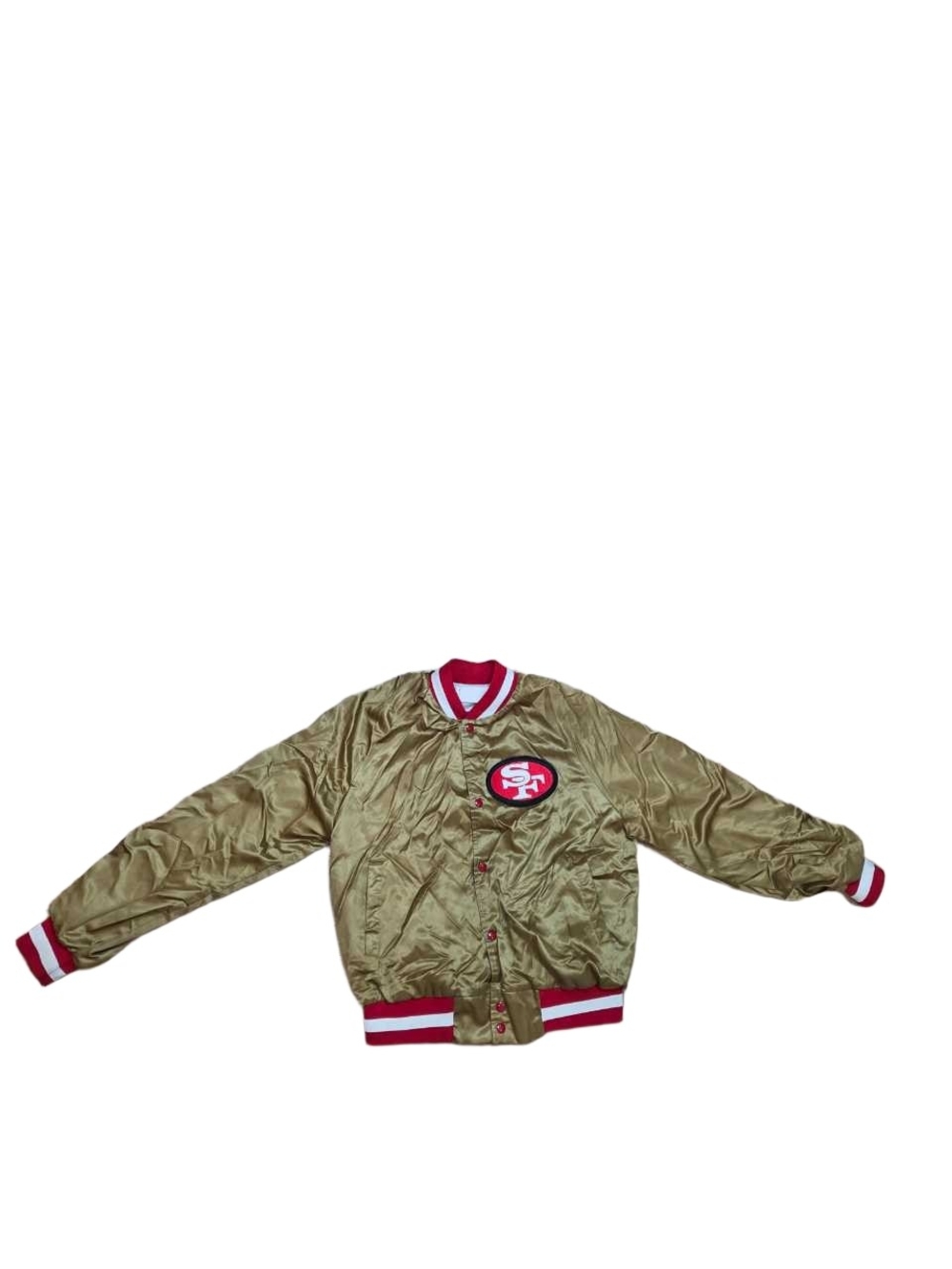Gold Satin Bomber Jacket with Red Trim and Team Patch